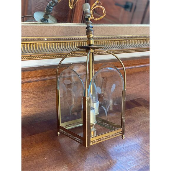 Vintage Brass and Etched Glass Hall Lantern Light Pendant Flush Mount Floral Mot - Picture 9 of 12